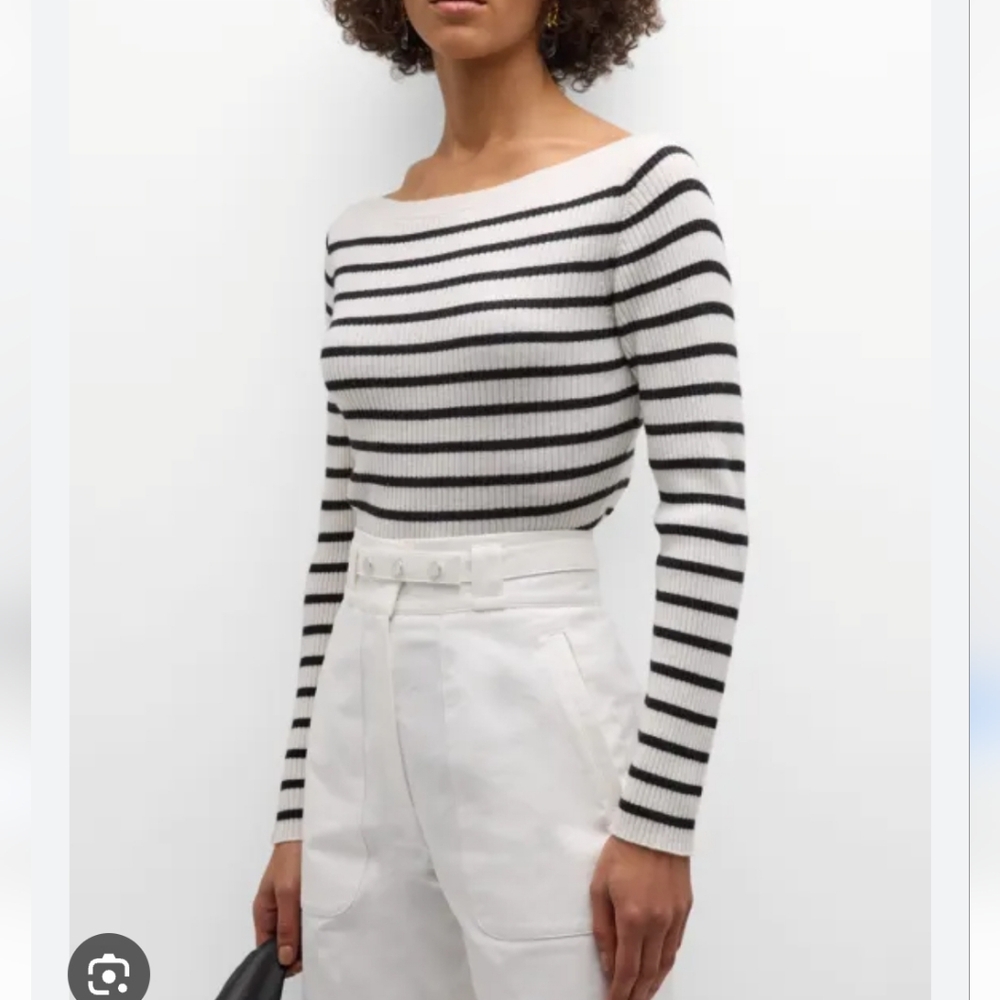 FRAME Wool Cashmere Silk Blend Black And White Striped Boatneck Sweater Size L